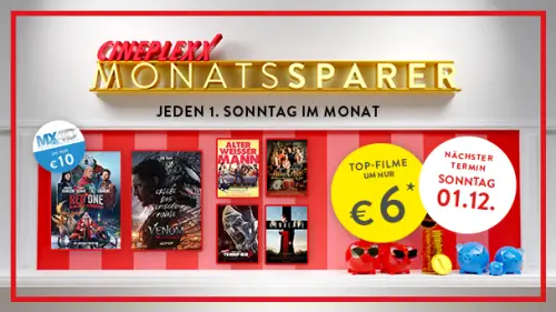 Cineplexx Monatsparer: Kino für nur 6 € jeden 1. Sonntag im Monat