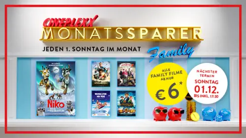 Cineplexx Family Monatssparer: Kino für nur 6 € jeden 1. Sonntag im Monat