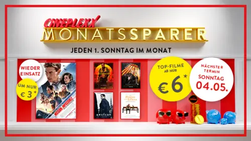 Cineplexx Monatssparer am 4. Mai: Kinotickets für nur 6 €