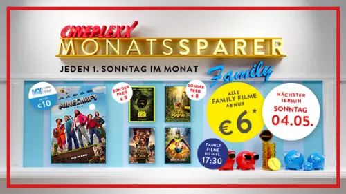 Cineplexx Family Monatssparer am 4. Mai: Kinotickets für ab nur 6 €