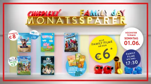 Cineplexx Family Day Monatssparer am 1. Juni: Kinotickets ab nur 3 €