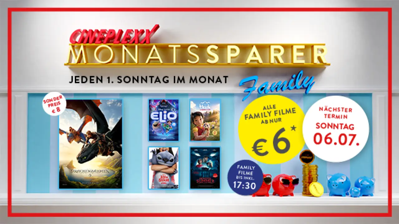 Cineplexx Family Monatssparer am 6. Juli: Kinotickets ab 6 Euro für die ganze Familie