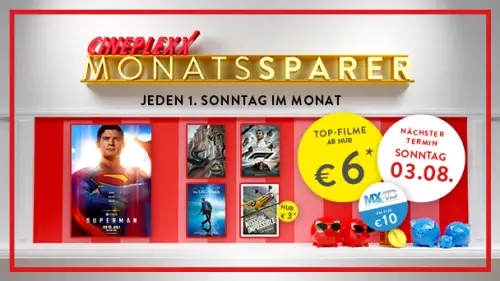 Cineplexx Monatssparer im August 2025 für nur 6 € ins Kino