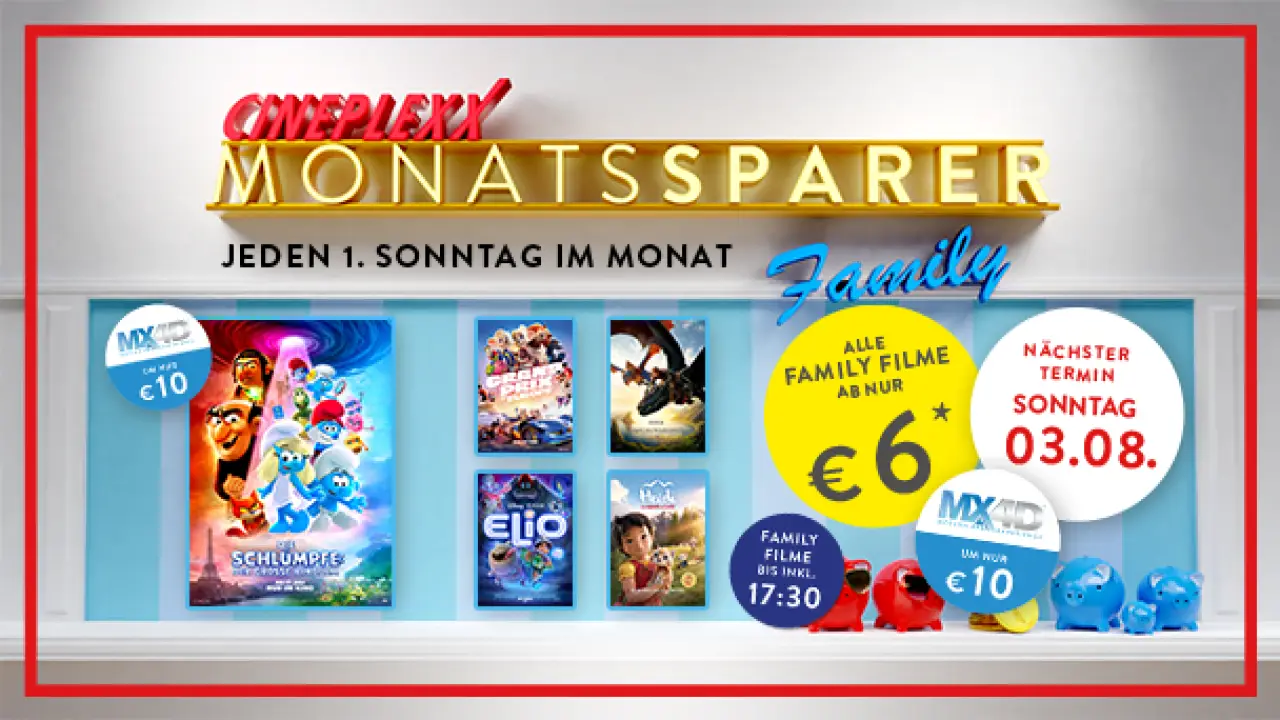 Cineplexx Family Monatssparer am 3. August 2025 für nur 6 € ins Kino