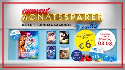 Cineplexx Family Monatssparer am 3. August 2025 für nur 6 € ins Kino