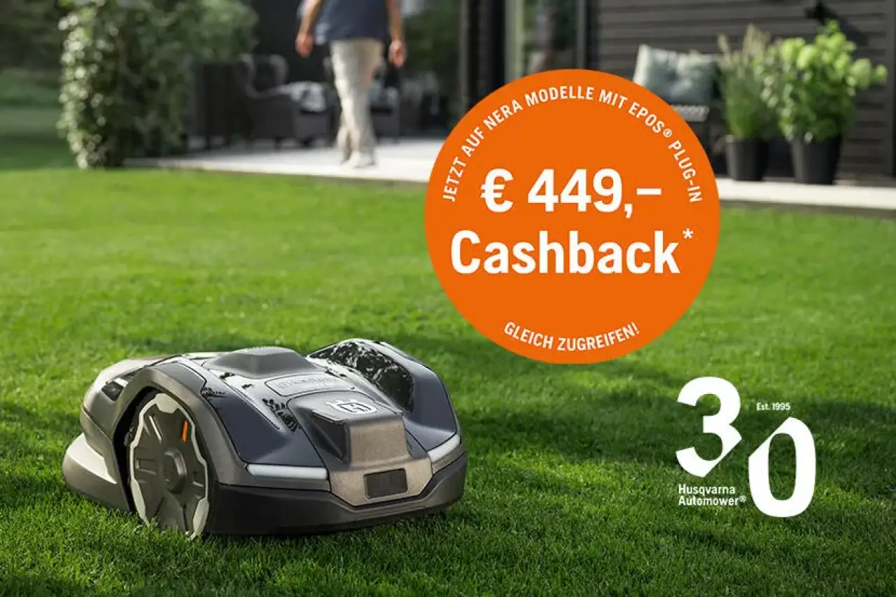 Husqvarna Cashback 449 € auf alle Mähroboter der NERA-Serie