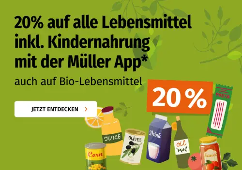 20% Rabatt auf Lebensmittel inkl. Kinderahrung und Bio-Lebensmittel bei MĂĽller