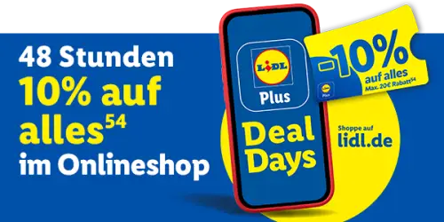 Lidl Plus Deal Days: 10% Extra-Rabatt auf das gesamte Sortiment bei lidl.de