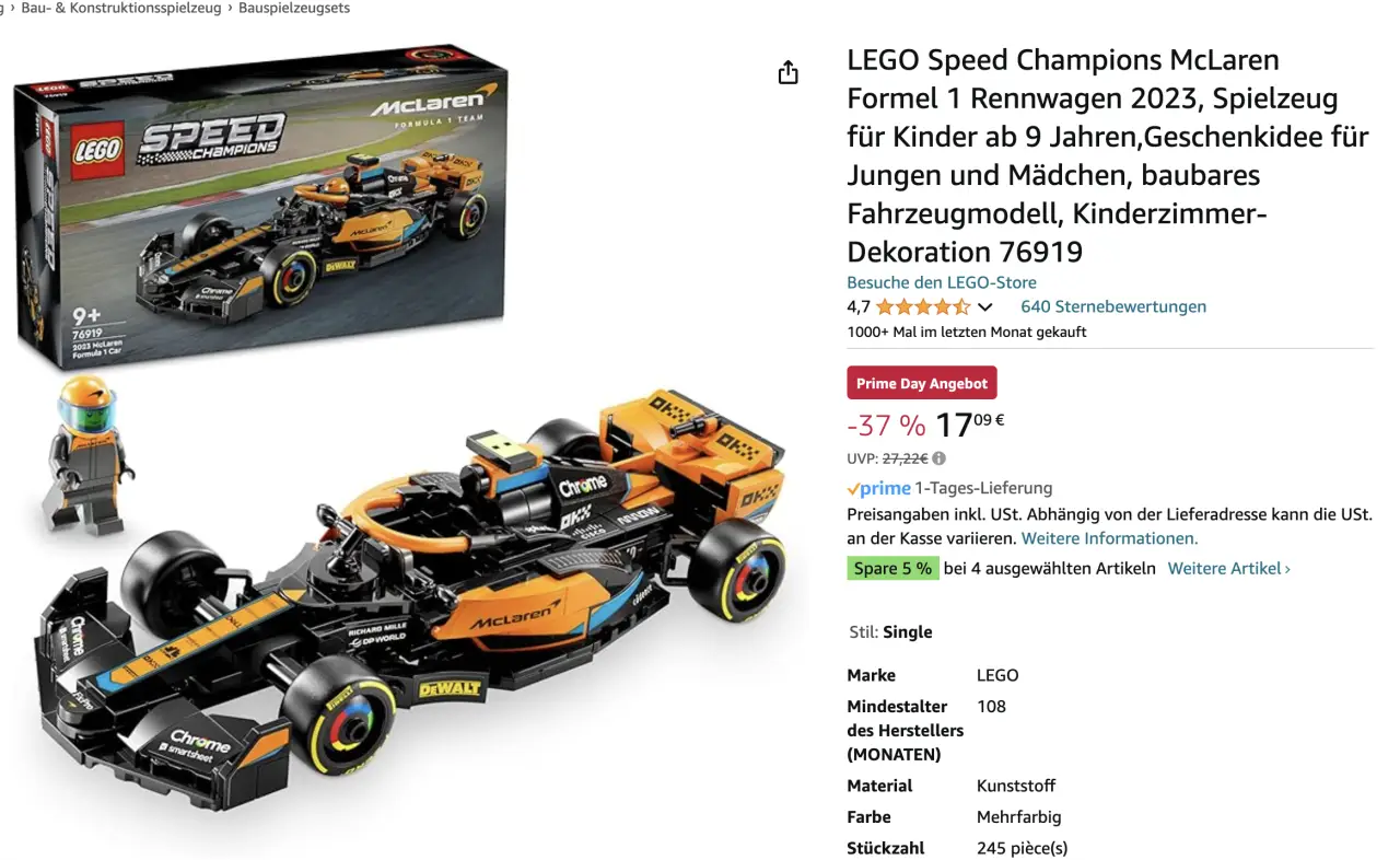 LEGO 76919 Speed Champions McLaren Formel 1 Rennwagen 2023