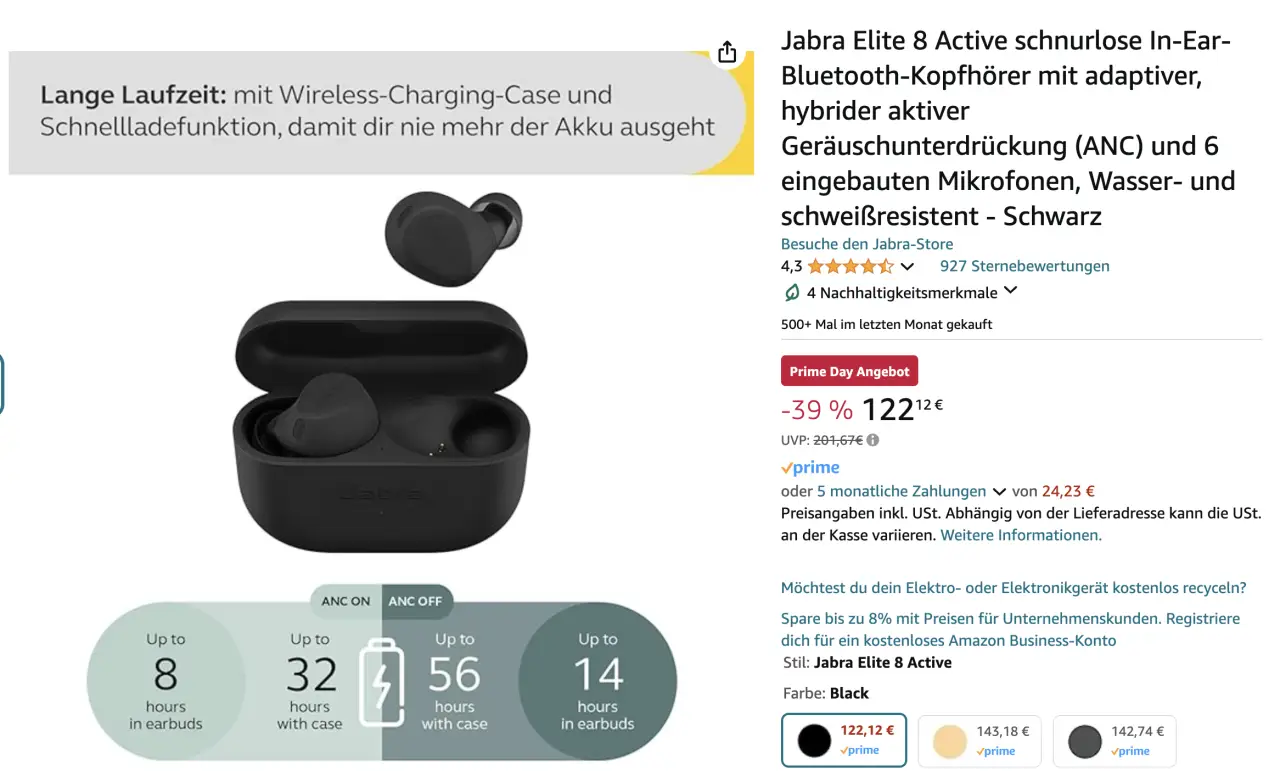 Jabra Elite 8 Active In-Ear-Bluetooth-Kopfhörer mit aktiver Geräuschunterdrückung (ANC)