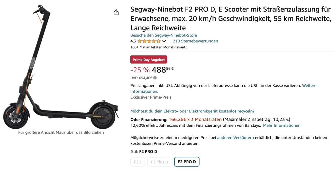 Segway-Ninebot F2 PRO D E Scooter mit Straßenzulassung max. 20 kmh